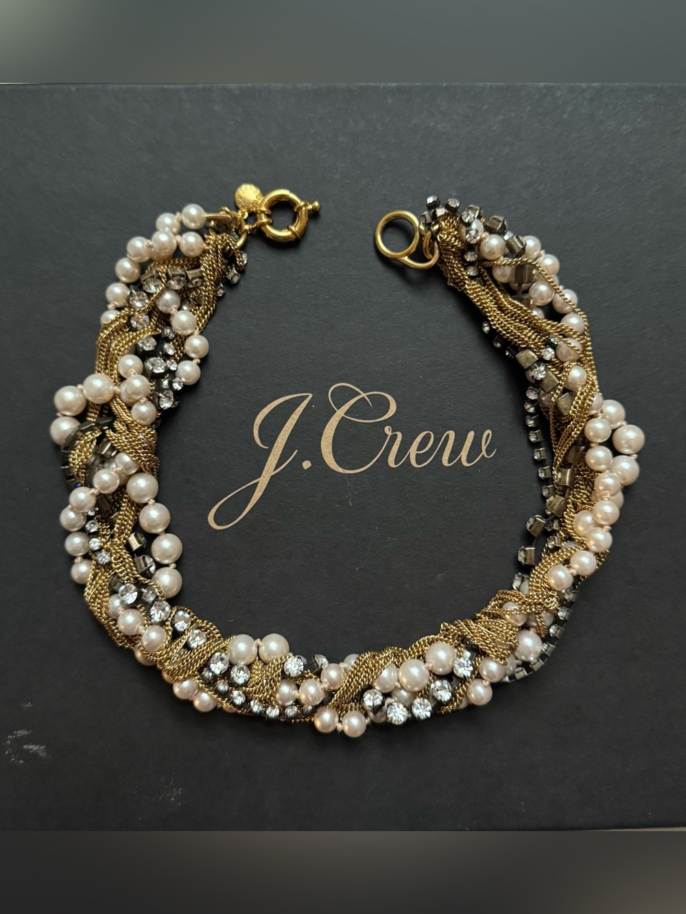 J. Crew multi-strand twisted pearl, crystal, and gold-tone chain necklace